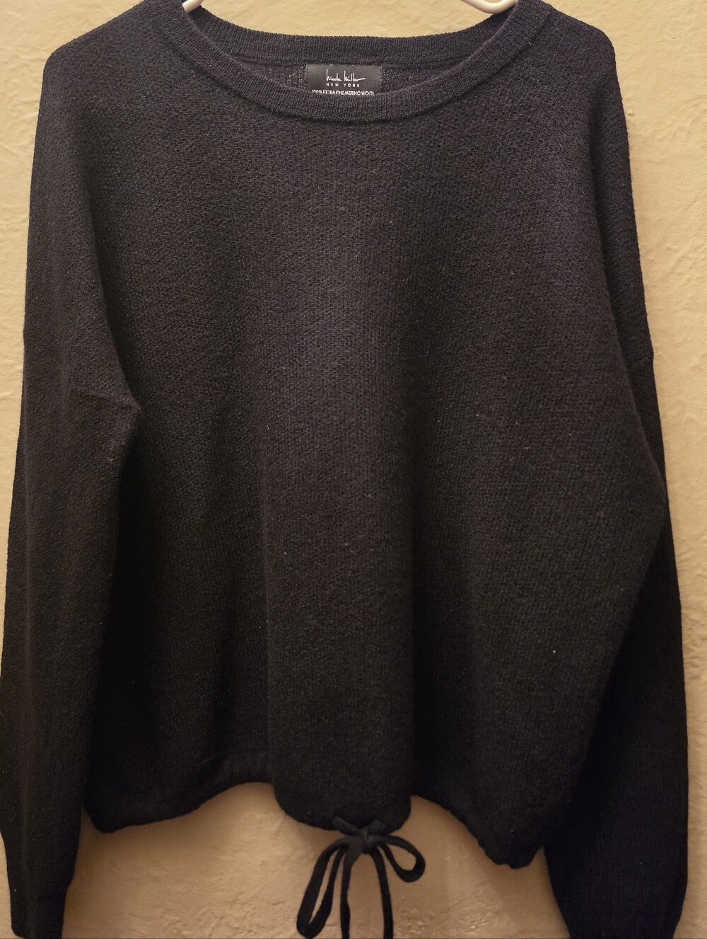 Nicole Miller 100% Merino Wool Black Oversized Drawstring Sweater XL